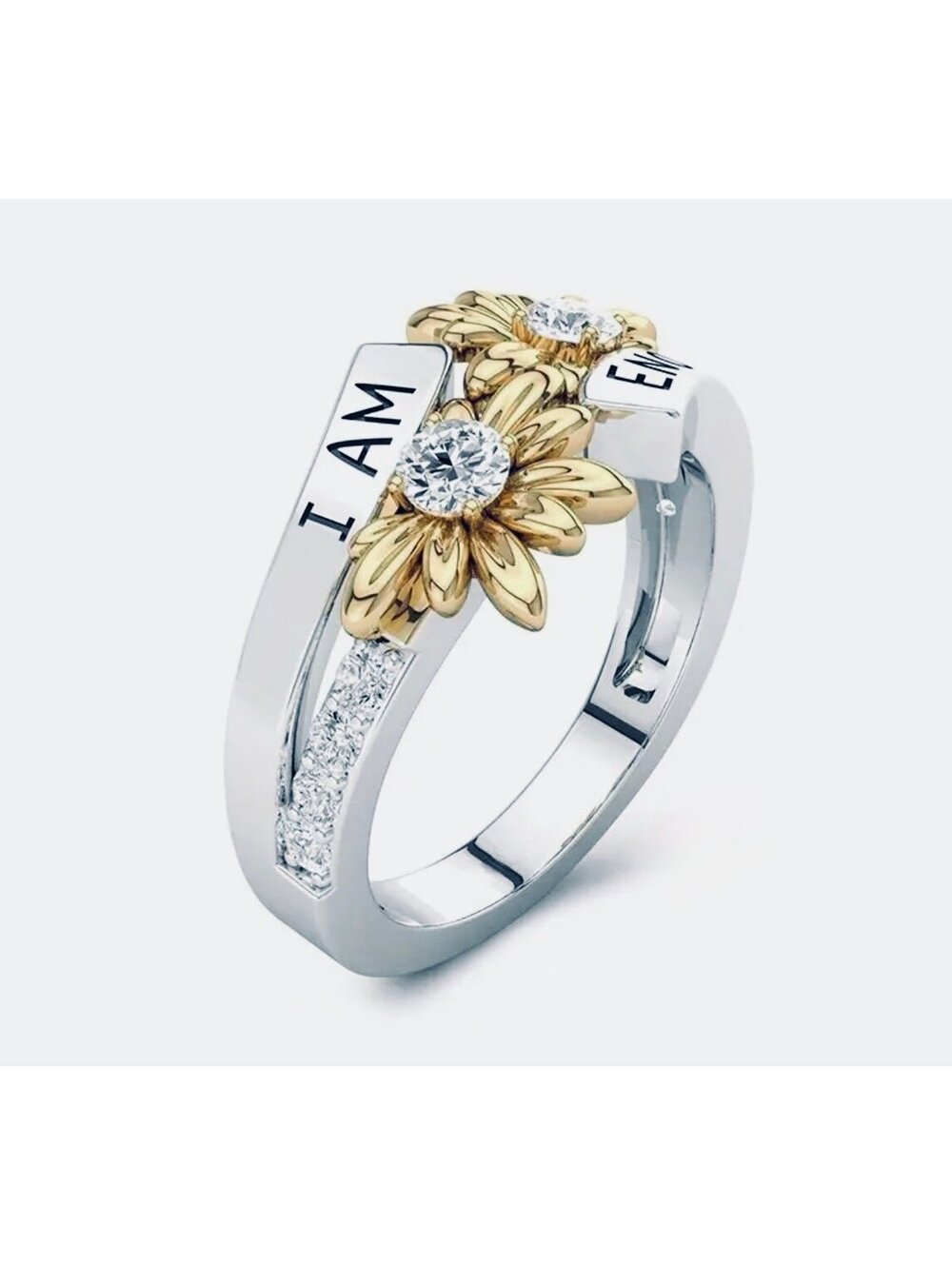 New - Silver “I Am Enough” Inlaid Zircon Sun Flower Decorative Ring - Size 8